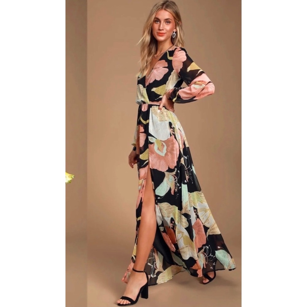 Lulus XS Black Floral Wrap Maxi Dress Boho Wedding Guest Slit - Picture 4 of 9